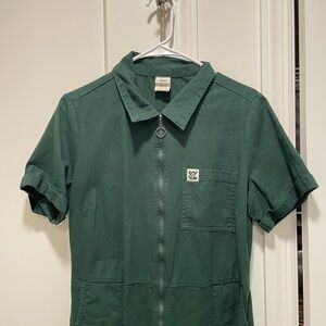 Lucy & Yak Ragan Cotton Posy Green Short Sleeve Zip Front romper jumpsuit